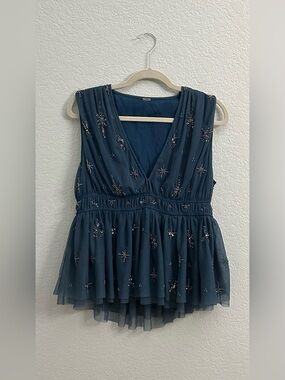 Chan Luu Anthropologie Vedette Beaded Teal Starburst Top
